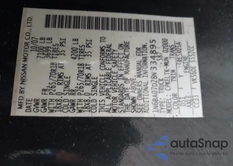 2008 Nissan Titan Se from USA, damaged, VIN 1N6BA07D28N334895